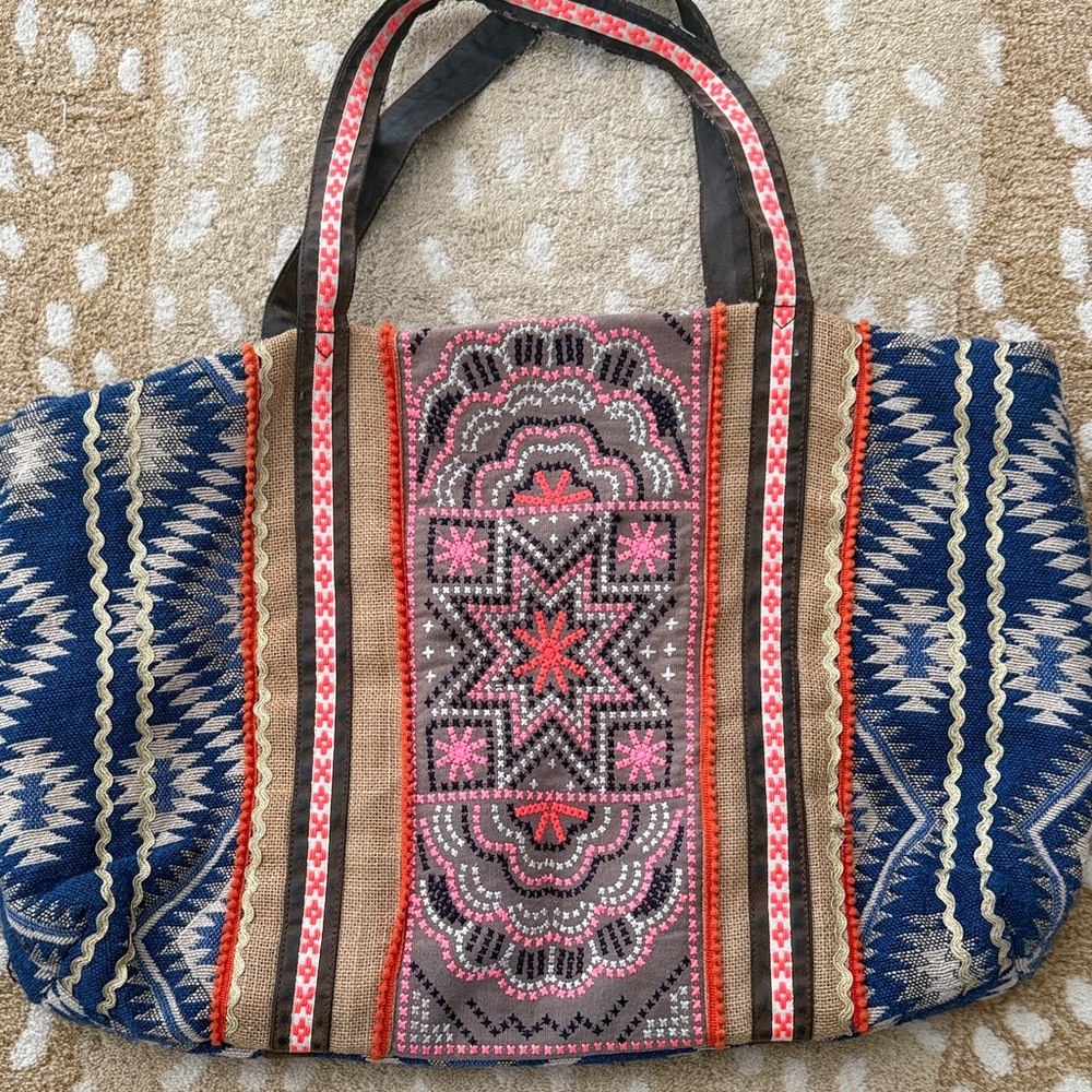 Boho Embroidered Tote Bag in Pink, Blue & Tan